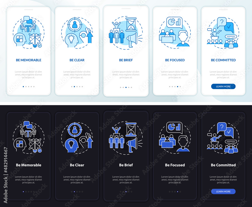 Business communication night and day mode onboarding mobile app screen ...