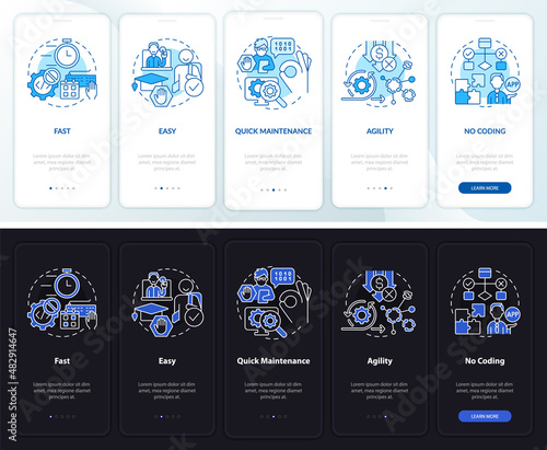 Advantages of no code night and day mode onboarding mobile app screen. Web walkthrough 5 steps graphic instructions pages with concepts. UI, UX, GUI template. Myriad Pro-Bold, Regular fonts used