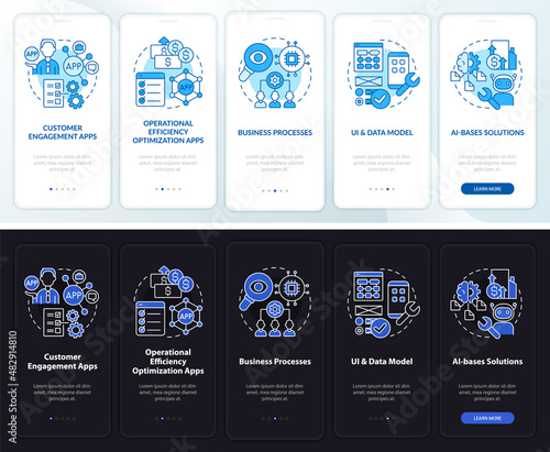 Apps for business night and day mode onboarding mobile app screen. Web walkthrough 5 steps graphic instructions pages with linear concepts. UI, UX, GUI template. Myriad Pro-Bold, Regular fonts used