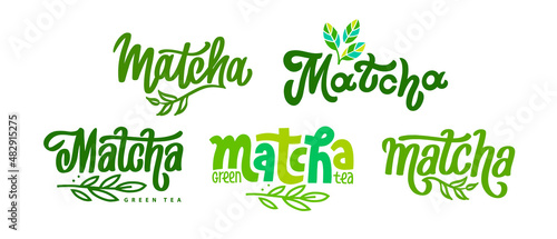 Set of Matcha logo design. Lettering decorated of branch green leaves. Hand-drawn vector calligraphy for tea product. Green asian japanese beverage.