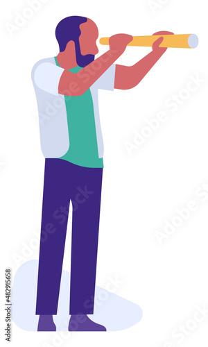 Man looking in spyglass. Future prediction. Strategy vision