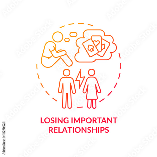 Losing important relationships red gradient concept icon. Problem of addicted gambler mind abstract idea thin line illustration. Isolated outline drawing. Arial, Myriad Pro-Bold fonts used