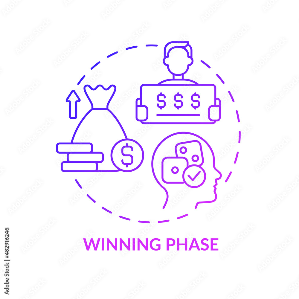 Winning phase purple gradient concept icon. Betting issue. Gambling addiction increasing abstract idea thin line illustration. Isolated outline drawing. Arial, Myriad Pro-Bold fonts used