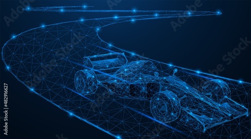 A racing car is moving along the road. Polygonal design of interconnected lines and points. Blue background.