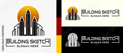 pencil logo design template with moon or sun icon and building in creative concept. premium vector building or building designer logo illustration