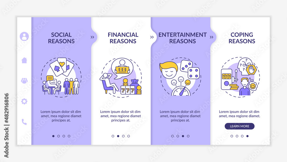 Reasons to gamble purple and white onboarding template. Compulsive psychology. Responsive mobile website with linear concept icons. Web page walkthrough 4 step screens. Lato-Bold, Regular fonts used