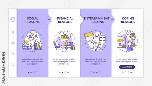 Reasons to gamble purple and white onboarding template. Compulsive psychology. Responsive mobile website with linear concept icons. Web page walkthrough 4 step screens. Lato-Bold, Regular fonts used