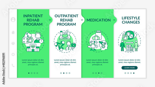 Gambling addiction treatment green and white onboarding template. Responsive mobile website with linear concept icons. Web page walkthrough 4 step screens. Lato-Bold, Regular fonts used
