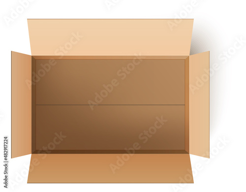 Open box top view. Empty cardboard package realistic mockup