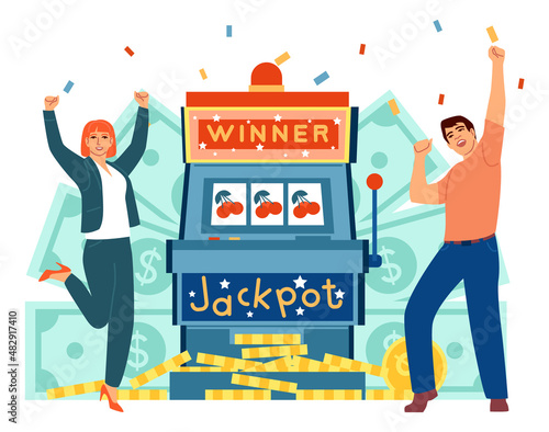 People winning on gambling machine. Jackpot celebrating with falling golden coin