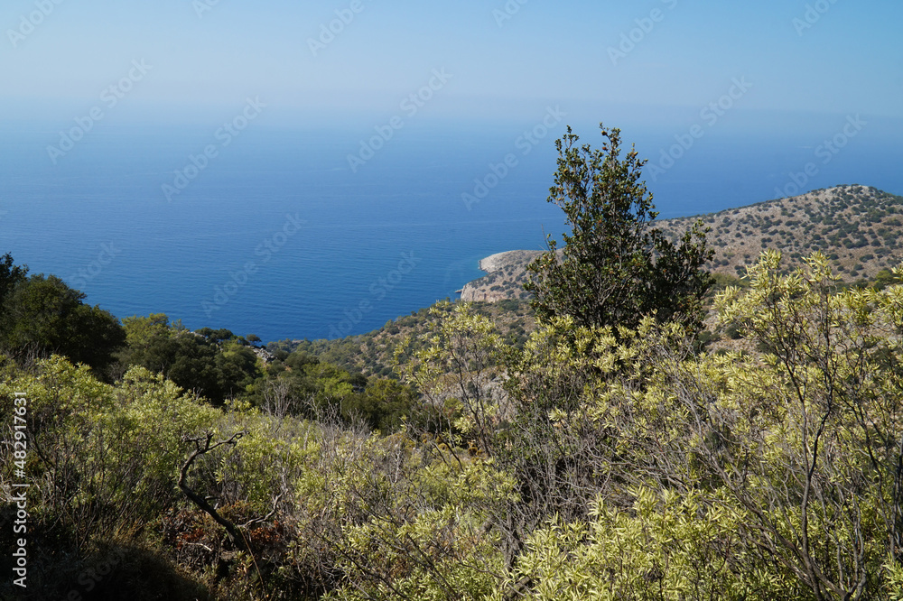 Panorama of the Mediterranean coastline along the Lycian Way in Turkey.