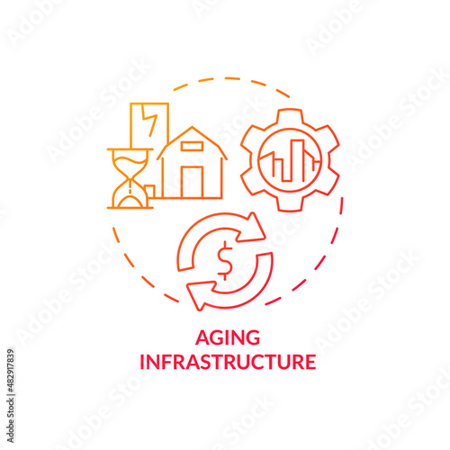 Aging infrastructure red gradient concept icon. Rural electrification obstacles abstract idea thin line illustration. Isolated outline drawing. Roboto-Medium, Myriad Pro-Bold fonts used