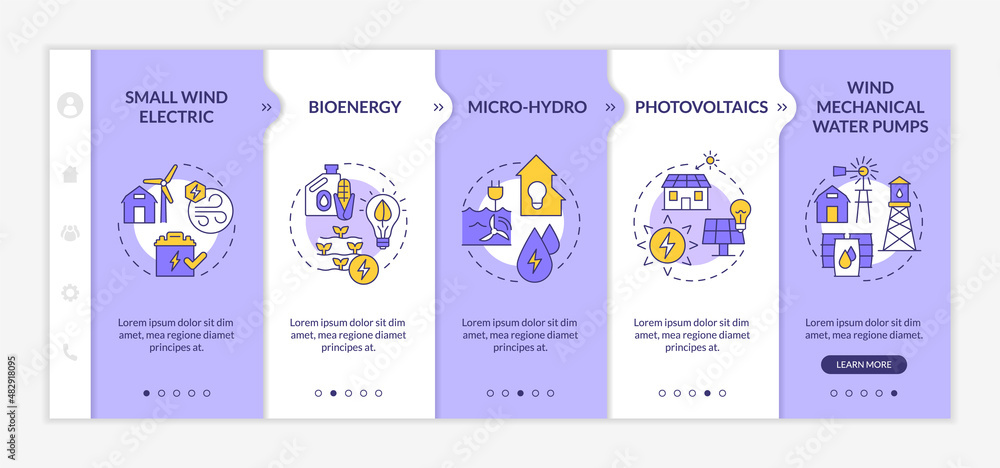 Rural electrification technology purple and white onboarding template. Responsive mobile website with linear concept icons. Web page walkthrough 5 step screens. Lato-Bold, Regular fonts used