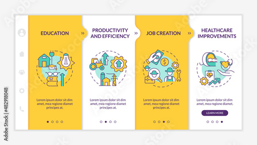 Rural electrification economic benefits yellow onboarding template. Responsive mobile website with linear concept icons. Web page walkthrough 4 step screens. Lato-Bold, Regular fonts used