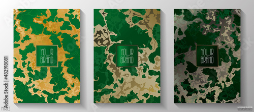 Copertina moderna, set creativo di sfondi, oro, argento metalli preziosi, verde a pattern marmo. Collezione lusso vettoriale per cataloghi, brochure, menù per ristoranti, copertina social.