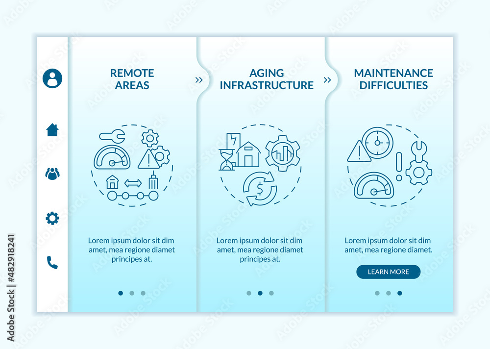Rural electrification obstacles turquoise gradient onboarding template. Responsive mobile website with linear concept icons. Web page walkthrough 3 step screens. Lato-Bold, Regular fonts used