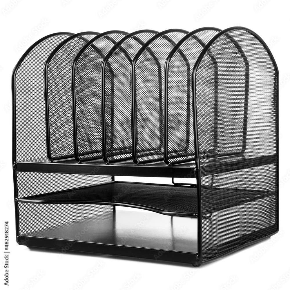 A black metal desk and folder organizer on a white background A black metal desk and folder organizer on a white background