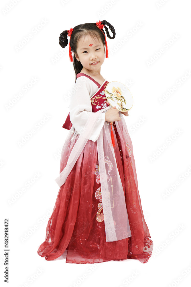 Portrait full-length body of cute girl kid wearing traditional Chinese dress, Han dynasty, smiling, happy for Chinese Lunar New year celebration on isolated white background.