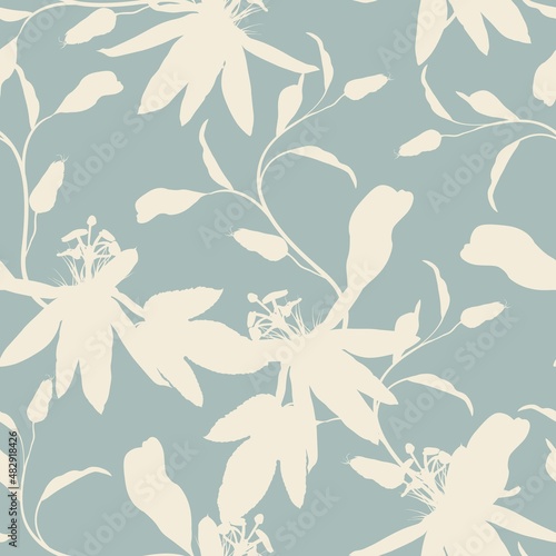 Tropic summer painting seamless pattern with exotic flower branch silhouette. Trendy exotic flower wallpaper on blue background.