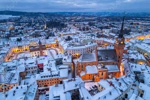 Tarnow skyline in winter. Aerial Drone view on old town and town square