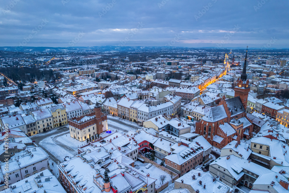 Tarnow in winter. Old town, Cathedral and city skyline from drone