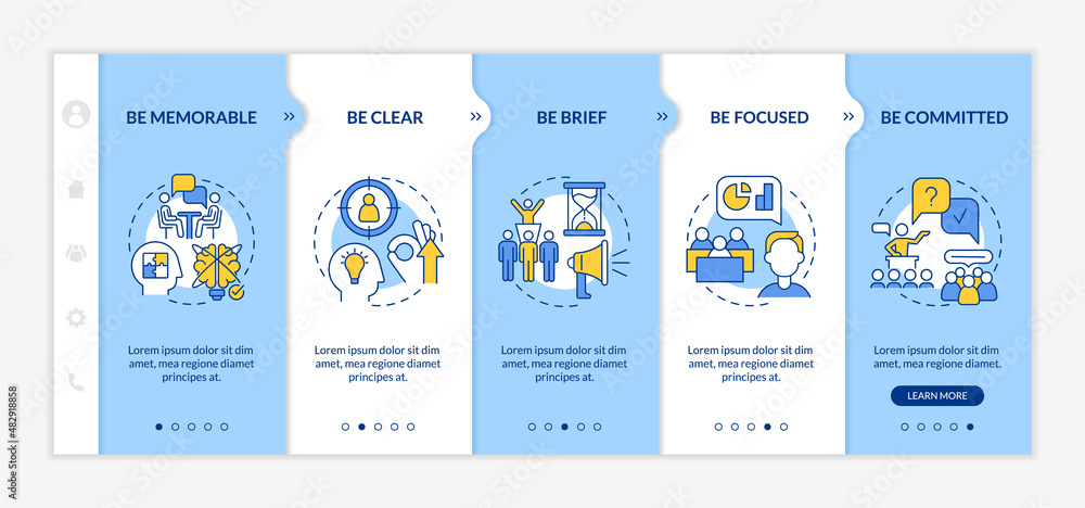 Business communication policies blue and white onboarding template. Be brief. Responsive mobile website with linear concept icons. Web page walkthrough 5 step screens. Lato-Bold, Regular fonts used