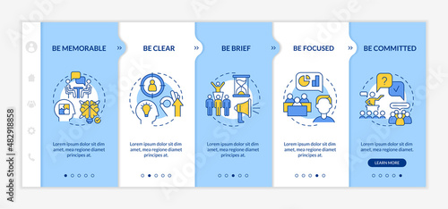 Business communication policies blue and white onboarding template. Be brief. Responsive mobile website with linear concept icons. Web page walkthrough 5 step screens. Lato-Bold, Regular fonts used