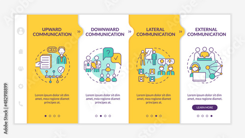 Professional communication types yellow onboarding template. Organization chart. Responsive mobile website with linear concept icons. Web page walkthrough 4 step screens. Lato-Bold, Regular fonts used