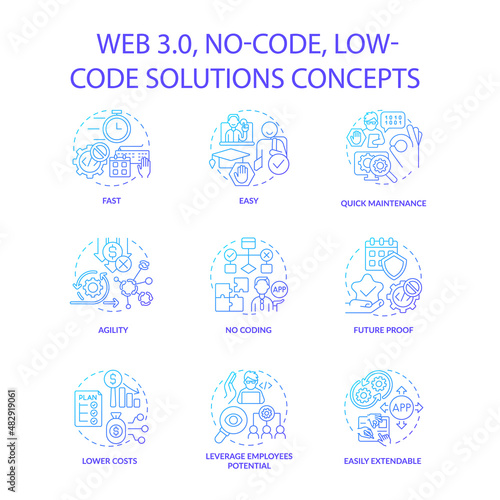 Web 3 0 blue gradient concept icons set. Easy software development. No code solutions idea thin line color illustrations. Isolated outline drawings. Roboto-Medium, Myriad Pro-Bold fonts used
