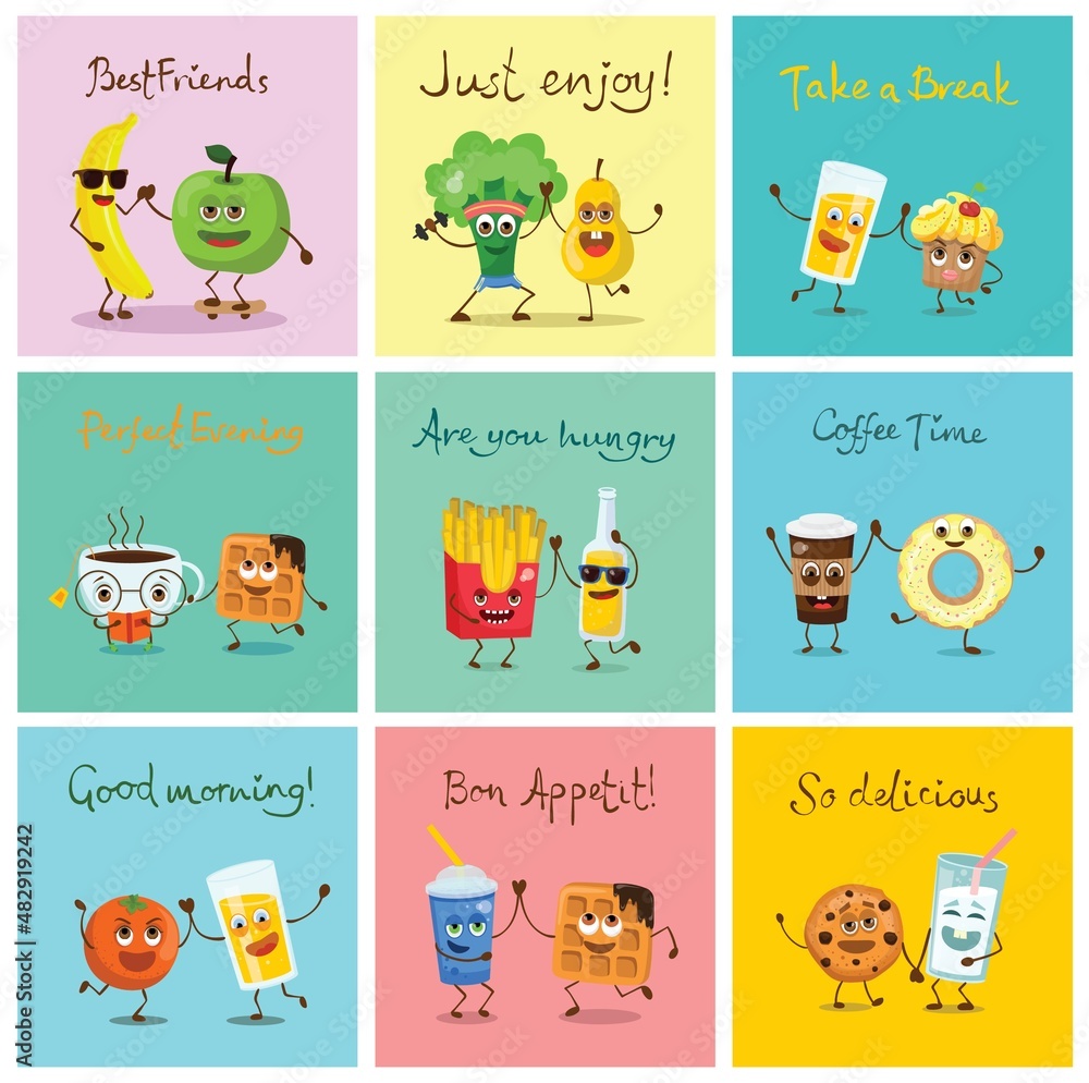 Fototapeta premium Cute funny food and drink characters set, best friends, funny fast food menu vector Illustrations. Flat vector illustration use for web page, card, poster, banner.