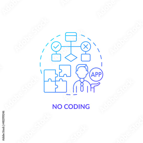 No coding blue gradient concept icon. Build platform with low code requirements. Online technology. Web 3 0 abstract idea thin line illustration. Isolated outline drawing. Myriad Pro-Bold fonts used