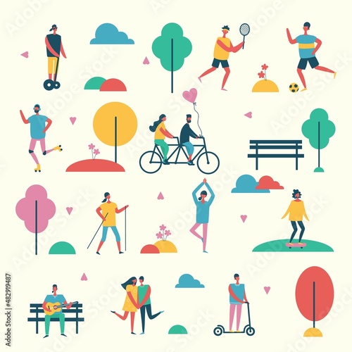 People in park icons collection, trees and benches lantern illuminating light, couples having fun walking, playing tennis vector illustration