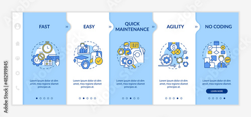 Benefits of no code blue and white onboarding template. Low code solution. Responsive mobile website with linear concept icons. Web page walkthrough 5 step screens. Lato-Bold, Regular fonts used