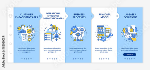 Apps to create with low code platforms blue and white onboarding template. Responsive mobile website with linear concept icons. Web page walkthrough 5 step screens. Lato-Bold, Regular fonts used