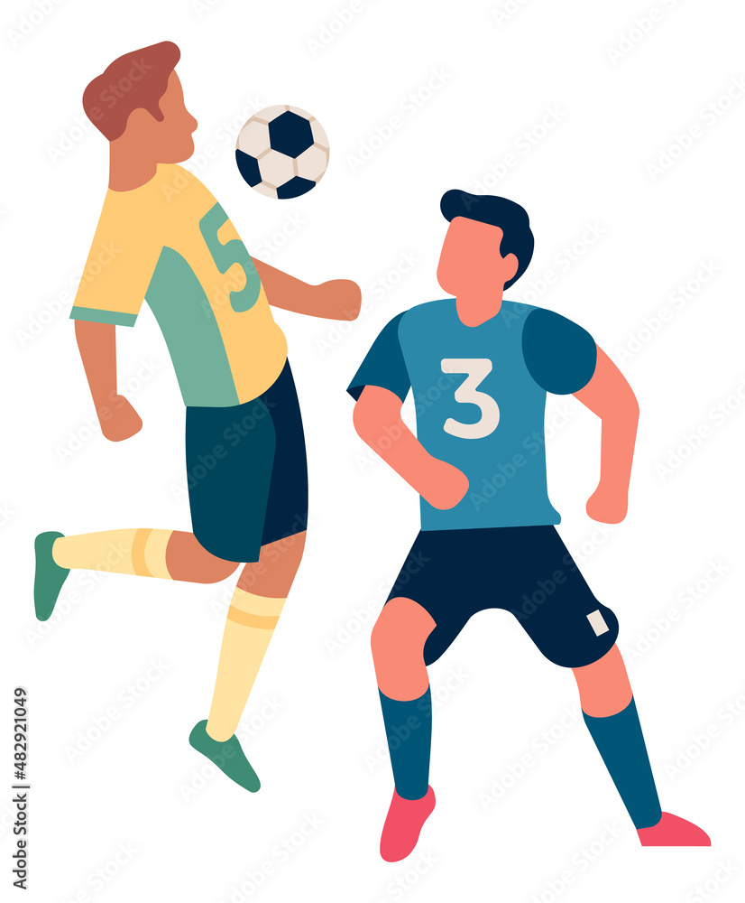 Soccer players on field. Man stopping ball with chest Soccer players on field. Man stopping ball with chest