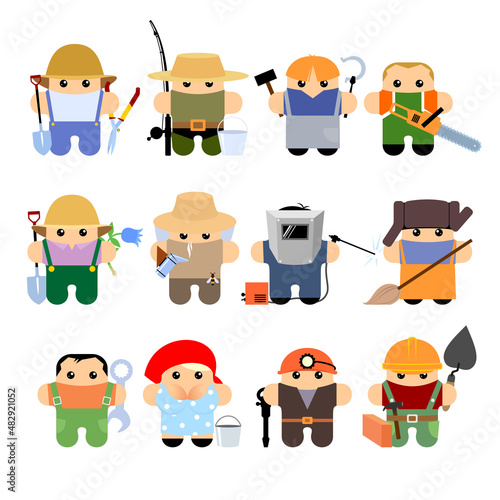 Set of funny cartoon characters: gardener, fisher, blacksmith, lumberjack, beekeeper, welder, janitor, worker, mechanic, plumber, milkmaid, builder, miner