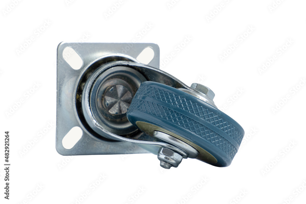 Wheels for a trolley or furniture on a white background, insulated. Stand with replaceable rollers with rubber tires. A fastening device for furniture Wheels for a trolley or furniture on a white background, insulated. Stand with replaceable rollers with rubber tires. A fastening device for furniture