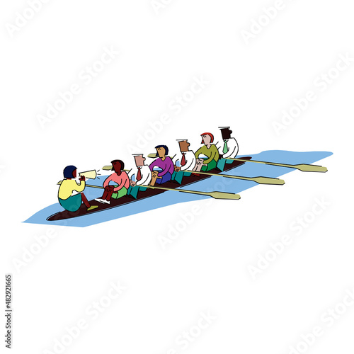 Tourist paddle in kayak. Active recreation and sports rivers and lakes. Man life jacket paddles one seater canoe through water. Extreme rafting along mountain river flow. Vector flat concept isolated