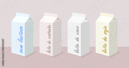Ilustracao colecao de leites sem lactose em portugues, leite sem lactose, leite de castanha, leite de coco, leite de soja, comida, intolerancia a lactose, vegano, vetor, restaurante, lanchonete, litro