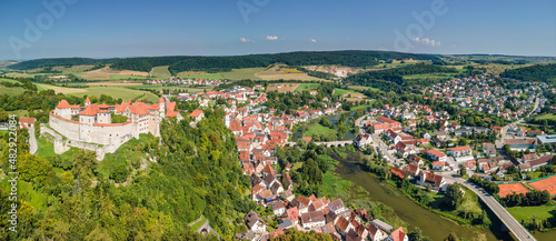 Bavarian City of Harburg from top made with drone during autumn with colored environment