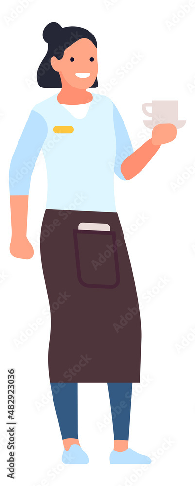 Woman in apron holding coffee cup. Waitress or barista carrying hot tea Woman in apron holding coffee cup. Waitress or barista carrying hot tea