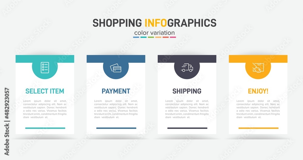 Fototapeta premium Concept of shopping process with 4 successive steps. Four colorful graphic elements. Timeline design for brochure, presentation, web site. Infographic design layout.