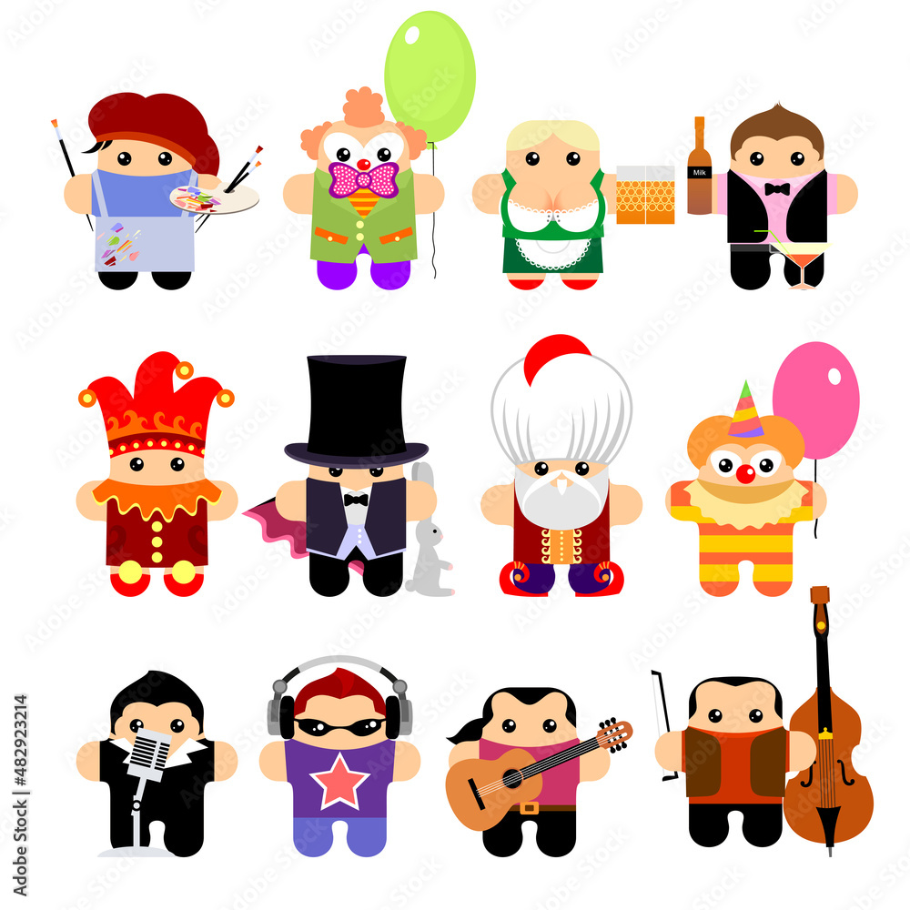 Set of funny cartoon characters: artist, clown, waiter, bartender, clown, juggler, magician, singer, musician Set of funny cartoon characters: artist, clown, waiter, bartender, clown, juggler, magician, singer, musician