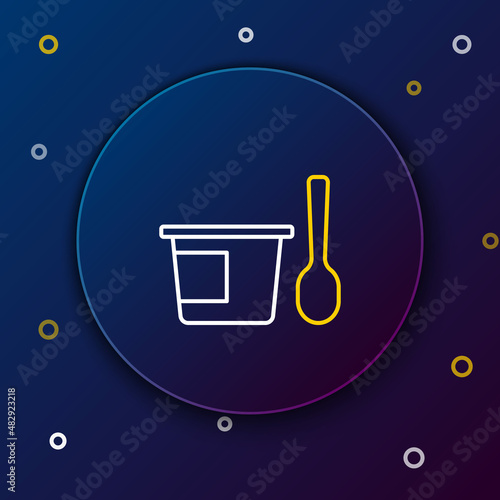 Line Yogurt container with spoon icon isolated on blue background. Yogurt in plastic cup. Colorful outline concept. Vector