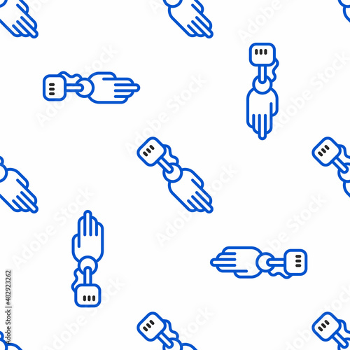 Line Prosthesis hand icon isolated seamless pattern on white background. Futuristic concept of bionic arm, robotic mechanical hand. Colorful outline concept. Vector