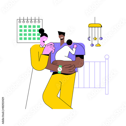 Parental leave abstract concept vector illustration. Family maternity paternity leave, happy family, take care of baby, mother and newborn child, father walking playing with son abstract metaphor.
