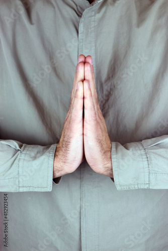Anjali mudra. Yogic hand gesture. Hand spirituality hindu yoga of fingers gesture.