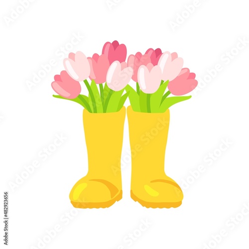 Bouquet of tulips in yellow rubber boots. Spring flowers composition. Flat style isolated vector illustration
