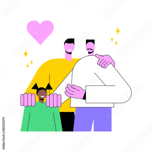 Caring adoptive fathers abstract concept vector illustration. Foster care, father in adoption, happy interracial family, having fun, together at home, childless couple abstract metaphor. photo