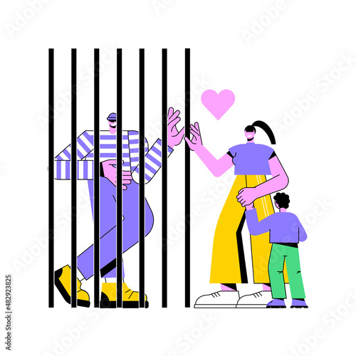 Dads in prison abstract concept vector illustration. Fathers in prison, family instability, incarcerated dad, hand in jail, striped costumes, in court, child visiting relative abstract metaphor.